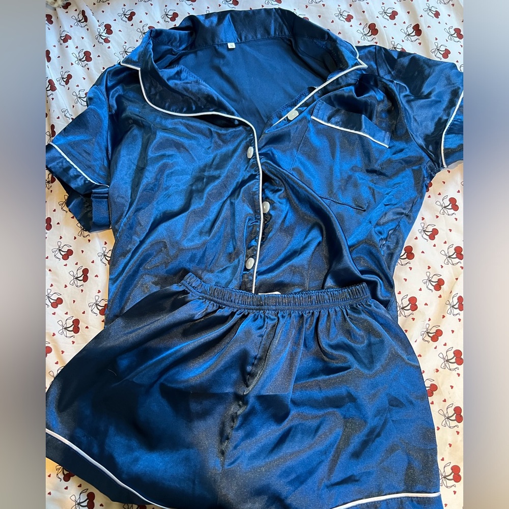 Women's Blue Satin Pajama Set